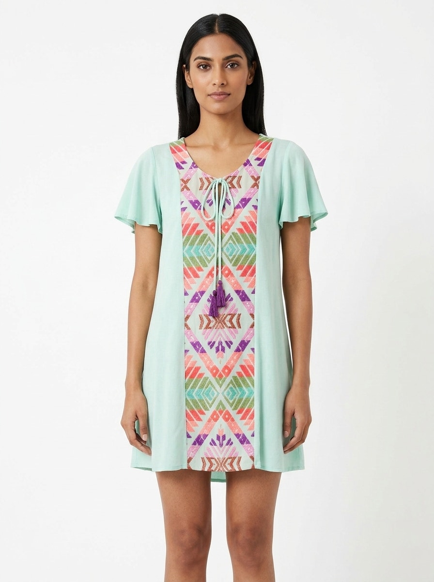 Judith March Green Short Embroidered Geometric Lightweight Dress Women Size M